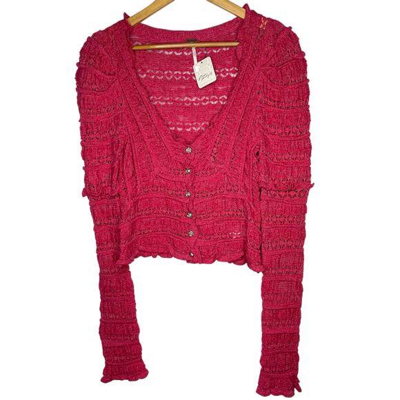 Free People Wild Roses Pink Ruffle Knit Cardigan Sweater NWT Size S Wild Berry - Picture 6 of 11